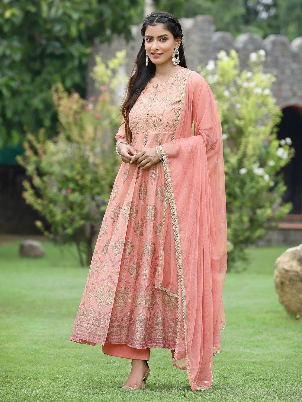 Juniper Peach Chanderi Festive Embroidered Floral Print Flared Kurta Set - Distacart