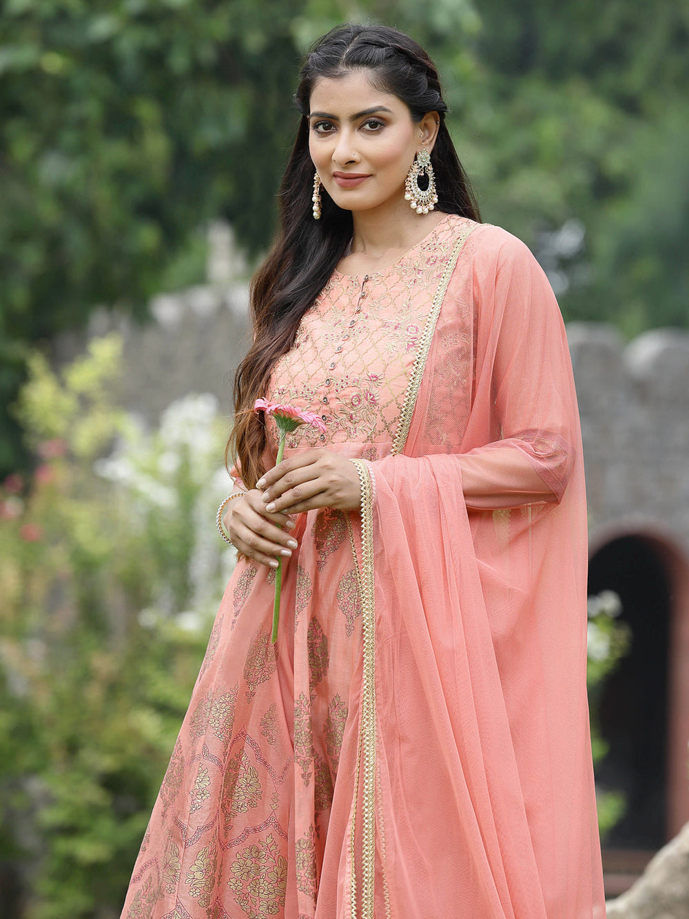 Juniper Peach Chanderi Festive Embroidered Floral Print Flared Kurta Set - Distacart