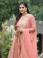Juniper Peach Chanderi Festive Embroidered Floral Print Flared Kurta Set - Distacart