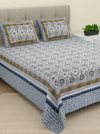 BELLA CASA Ethic White & Blue Printed Cotton 180 TC King Bedsheet with 2 Pillow Covers - Distacart