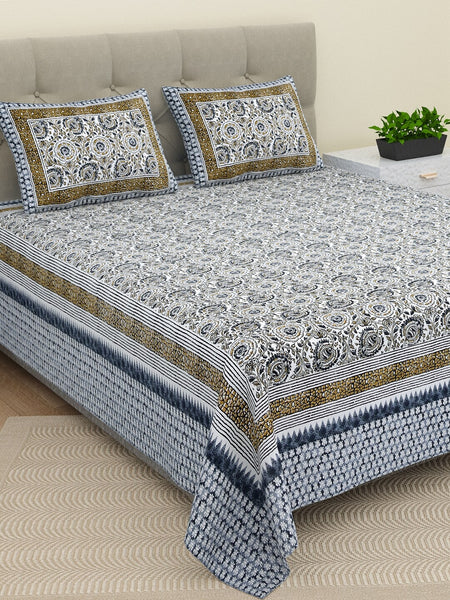 BELLA CASA Ethic White & Blue Printed Cotton 180 TC King Bedsheet with 2 Pillow Covers