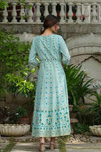 Juniper Sky Blue Georgette Festive Printed Flared Maxi For Women - Distacart