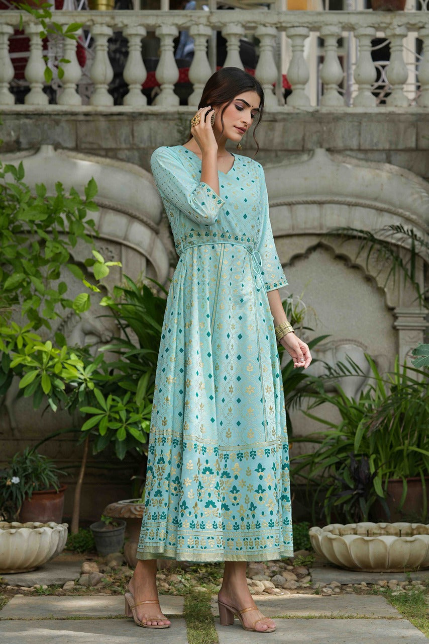 Juniper Sky Blue Georgette Festive Printed Flared Maxi For Women - Distacart