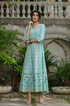 Juniper Sky Blue Georgette Festive Printed Flared Maxi For Women - Distacart
