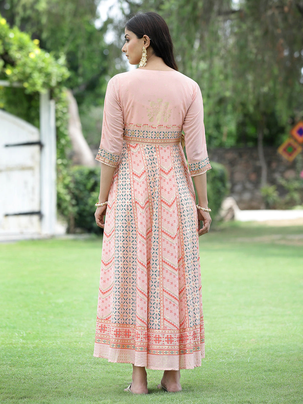 Juniper Peach Georgette Festive Printed Flared Maxi For Women - Distacart