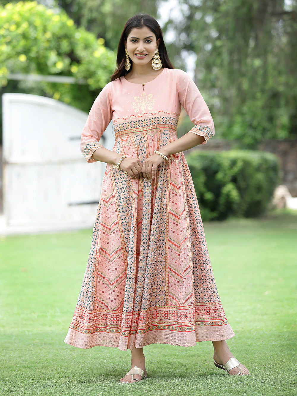 Juniper Peach Georgette Festive Printed Flared Maxi For Women - Distacart