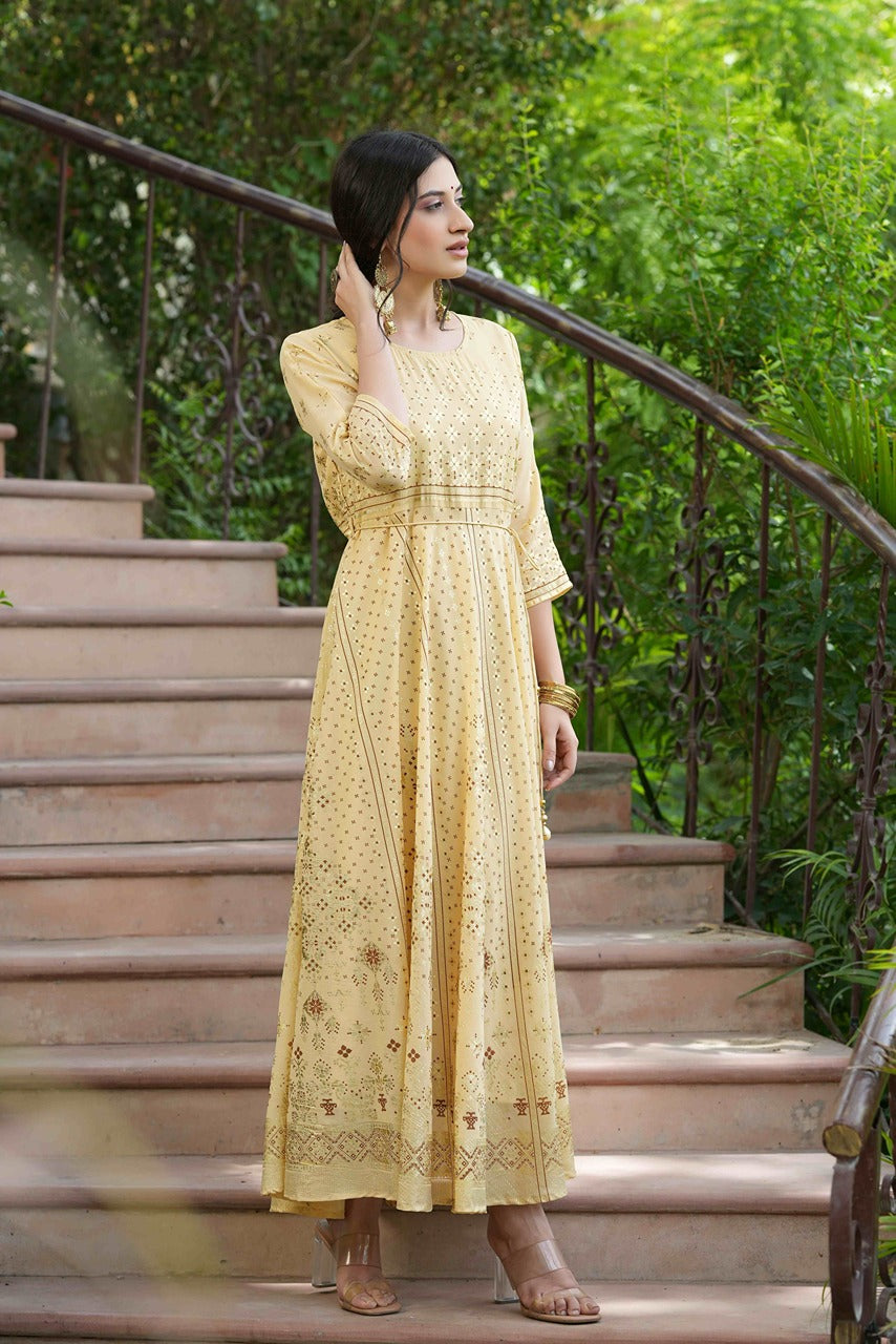 Juniper Light Yellow Georgette Festive Printed Flared Maxi For Women - Distacart