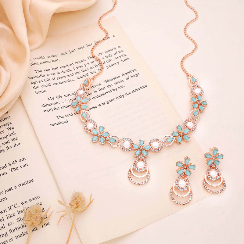 Tehzeeb Creations Rose Gold-Polished Sky Blue Colour Necklace With Stud