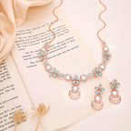Tehzeeb Creations Rose Gold-Polished Sky Blue Colour Necklace With Stud