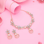 Tehzeeb Creations Rose Gold-Polished Sky Blue Colour Necklace With Stud
