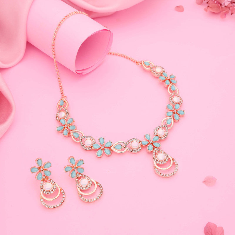 Tehzeeb Creations Rose Gold-Polished Sky Blue Colour Necklace With Stud