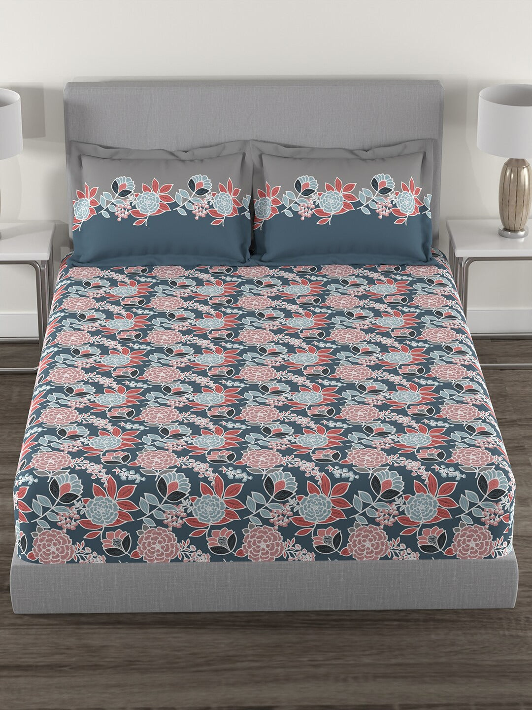 MYTRIDENT Blue Green Floral Cotton 144 TC Queen Bedsheet With 2 Pillow Covers - Distacart