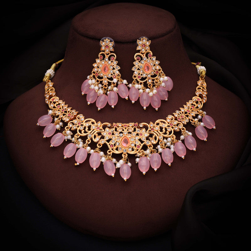 Tehzeeb Creations Gold-Polished Baby Pink Colour Necklace With Stud