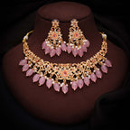 Tehzeeb Creations Gold-Polished Baby Pink Colour Necklace With Stud