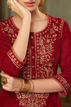 Juniper Maroon Velvet Festive Solid Embroidered Straight Kurta For Women - Distacart