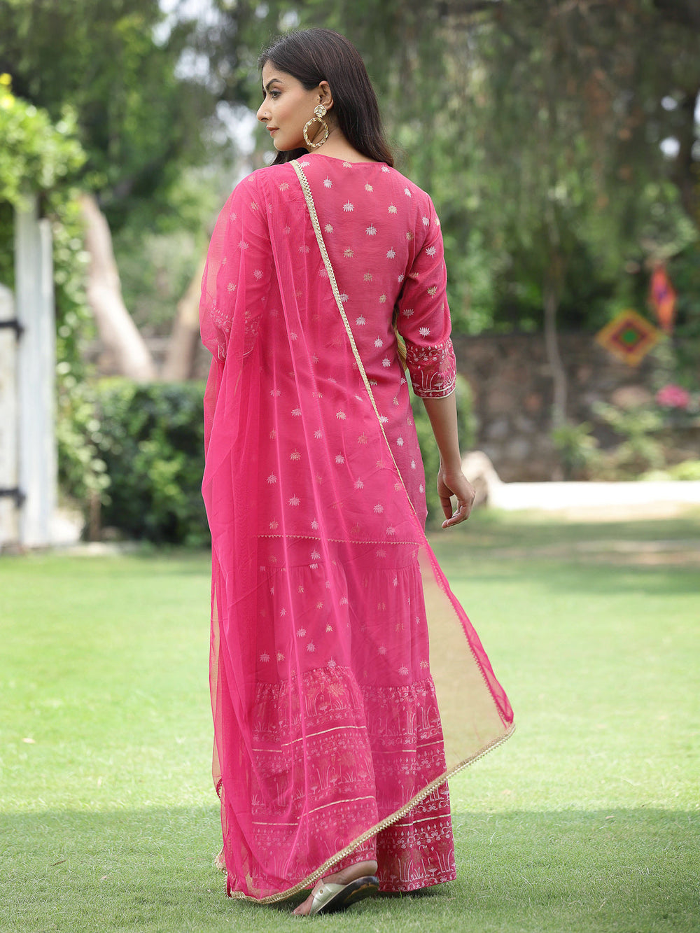 Juniper Fuchsia Mono Viscose Festive Embroidered Printed Straight Kurta Sharara Dupatta Set - Distacart