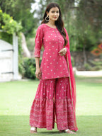 Juniper Fuchsia Mono Viscose Festive Embroidered Printed Straight Kurta Sharara Dupatta Set - Distacart