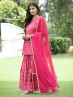 Juniper Fuchsia Mono Viscose Festive Embroidered Printed Straight Kurta Sharara Dupatta Set - Distacart