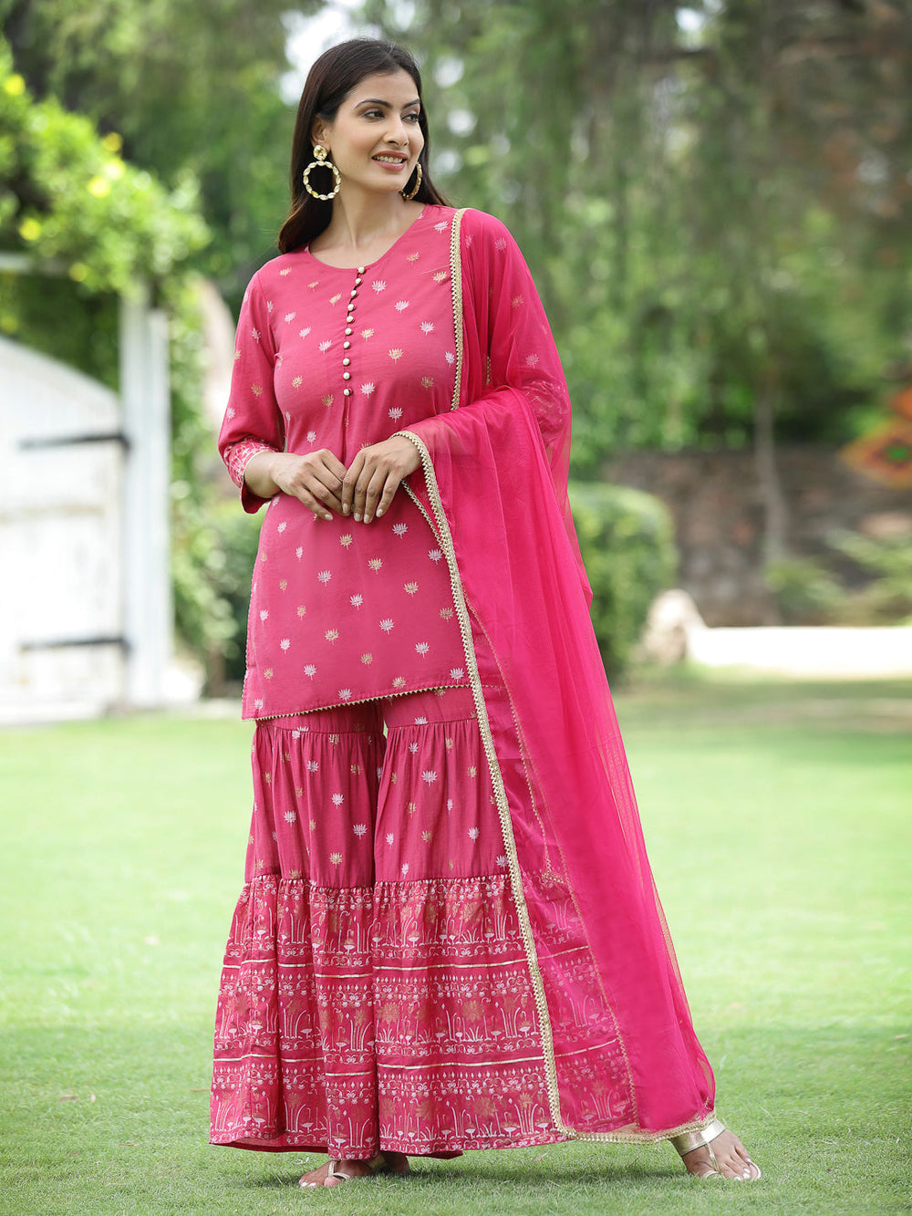 Juniper Fuchsia Mono Viscose Festive Embroidered Printed Straight Kurta Sharara Dupatta Set - Distacart