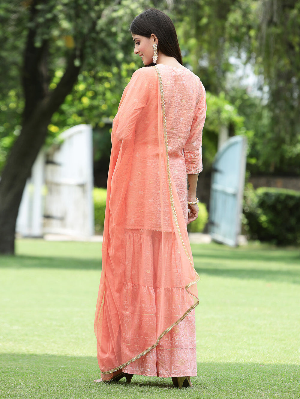 Juniper Peach Mono Viscose Festive Embroidered Printed Straight Kurta Sharara Dupatta Set - Distacart
