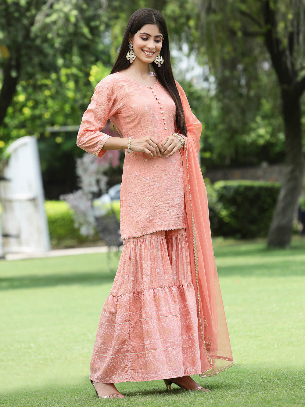 Juniper Peach Mono Viscose Festive Embroidered Printed Straight Kurta Sharara Dupatta Set - Distacart