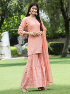 Juniper Peach Mono Viscose Festive Embroidered Printed Straight Kurta Sharara Dupatta Set - Distacart