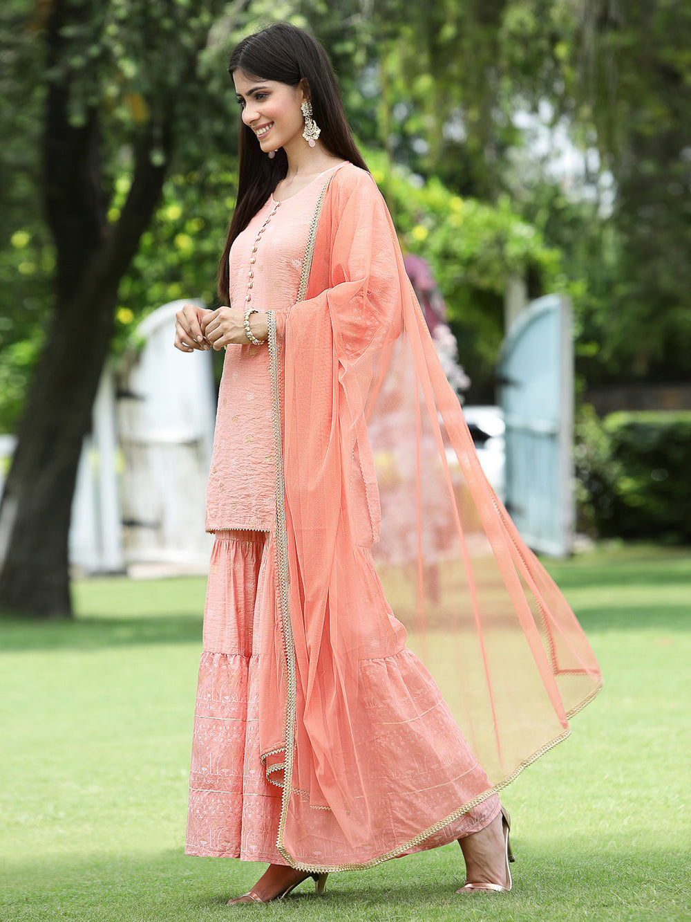 Juniper Peach Mono Viscose Festive Embroidered Printed Straight Kurta Sharara Dupatta Set - Distacart