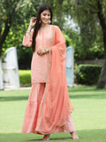 Juniper Peach Mono Viscose Festive Embroidered Printed Straight Kurta Sharara Dupatta Set - Distacart