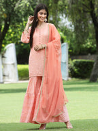 Juniper Peach Mono Viscose Festive Embroidered Printed Straight Kurta Sharara Dupatta Set - Distacart