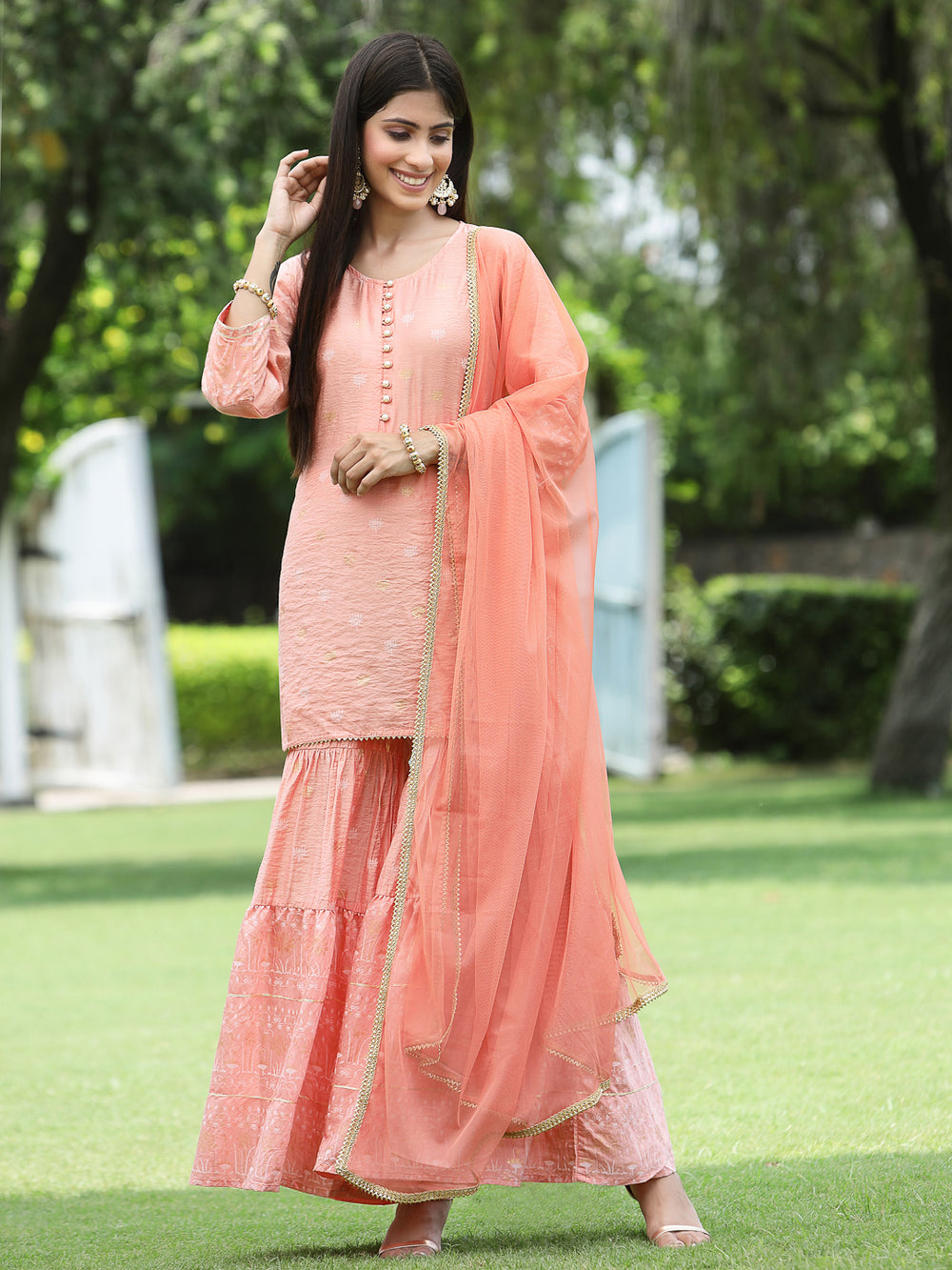 Juniper Peach Mono Viscose Festive Embroidered Printed Straight Kurta Sharara Dupatta Set - Distacart