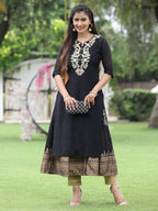 Juniper Women Black Chanderi Festive Embroidered + Printed Straight/Flared Kurta - Distacart