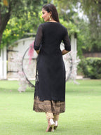 Juniper Women Black Chanderi Festive Embroidered + Printed Straight/Flared Kurta - Distacart