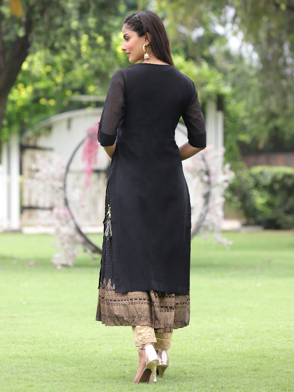 Juniper Women Black Chanderi Festive Embroidered + Printed Straight/Flared Kurta - Distacart
