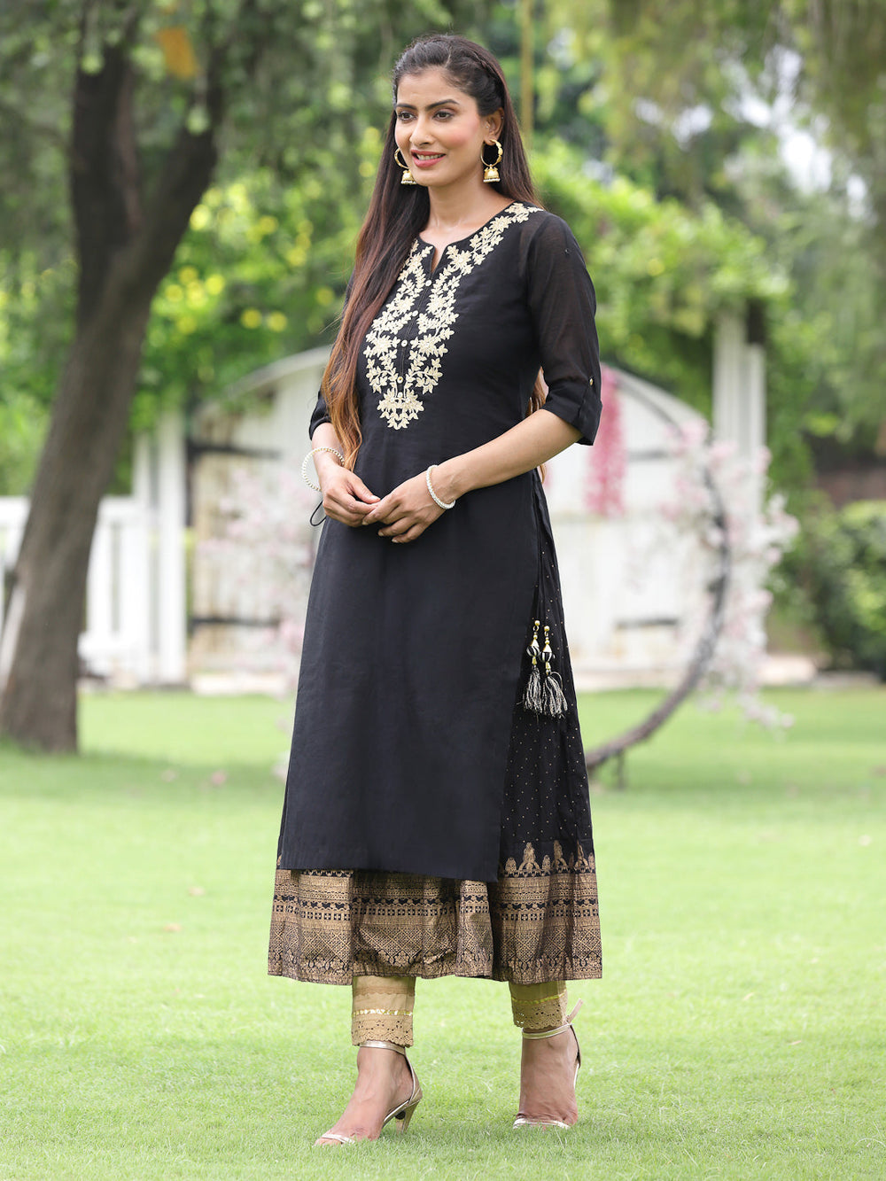 Juniper Women Black Chanderi Festive Embroidered + Printed Straight/Flared Kurta - Distacart