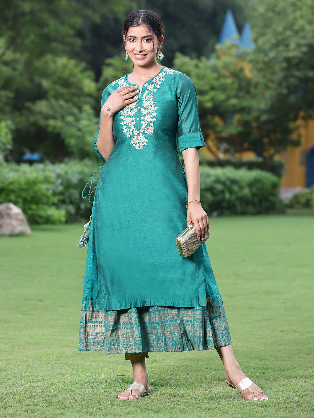 Juniper Women Bottle Green Chanderi Festive Embroidered + Printed Straight/Flared Kurta - Distacart
