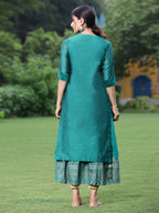 Juniper Women Bottle Green Chanderi Festive Embroidered + Printed Straight/Flared Kurta - Distacart