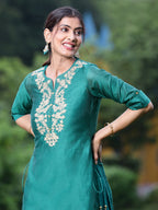 Juniper Women Bottle Green Chanderi Festive Embroidered + Printed Straight/Flared Kurta - Distacart