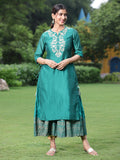 Juniper Women Bottle Green Chanderi Festive Embroidered + Printed Straight/Flared Kurta - Distacart