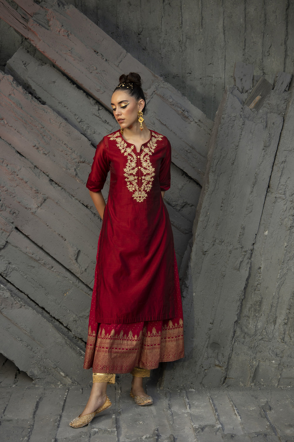 Juniper Women Maroon Chanderi Festive Embroidered + Printed Straight/Flared Kurta - Distacart