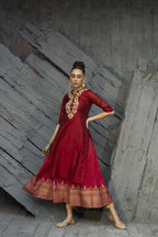 Juniper Women Maroon Chanderi Festive Embroidered + Printed Straight/Flared Kurta - Distacart