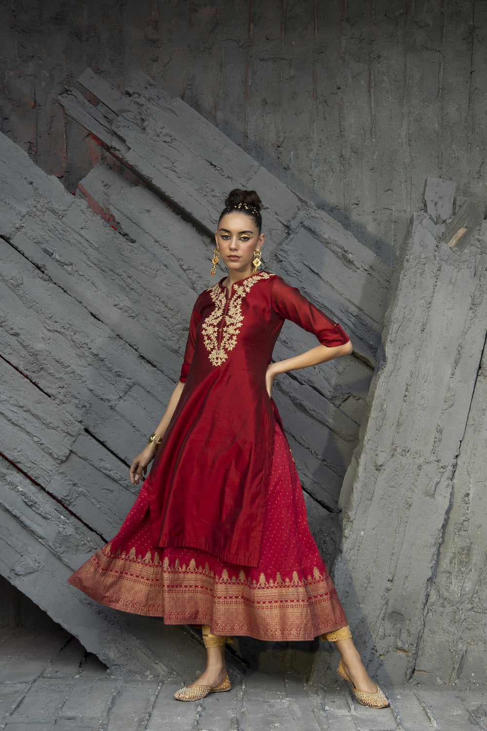 Juniper Women Maroon Chanderi Festive Embroidered + Printed Straight/Flared Kurta - Distacart