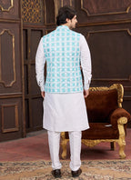 Raivat Ethnic Art Silk Digital Print Work Jacket Set In Sky Blue Colour