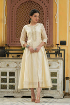 Juniper Beige Chanderi Festive Embroidered Polka Dot Printed Flared Kurta For Women - Distacart