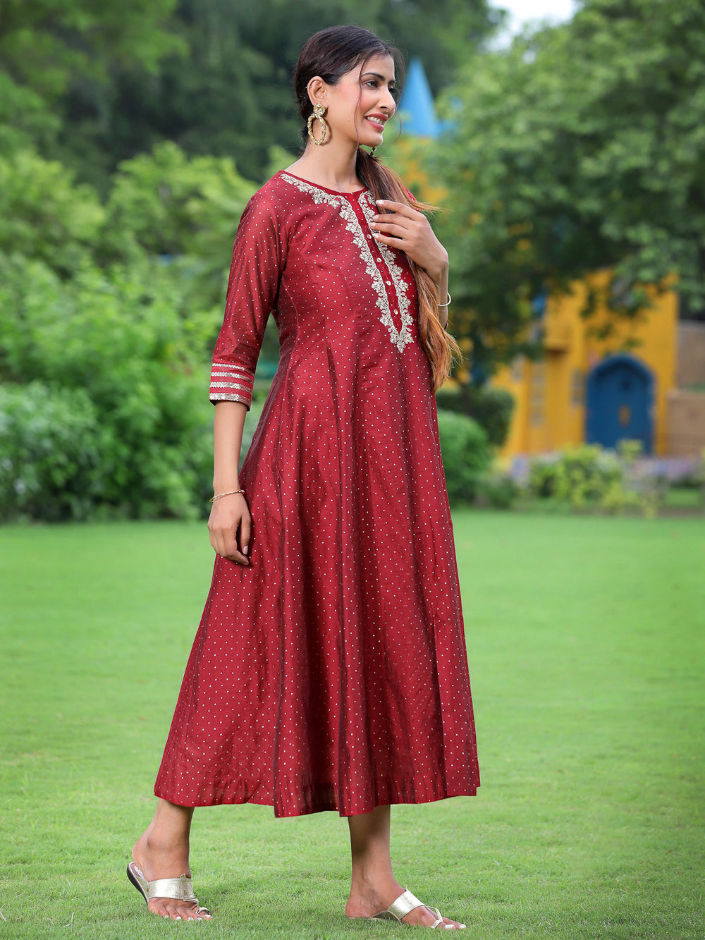 Juniper Women Maroon Chanderi Festive Embroidered + Polka Dot Printed Flared Kurta - Distacart
