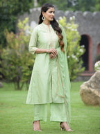 Juniper Mint Green Chanderi Festive Embroidered Polka Dot Printed A-line Kurta Set - Distacart