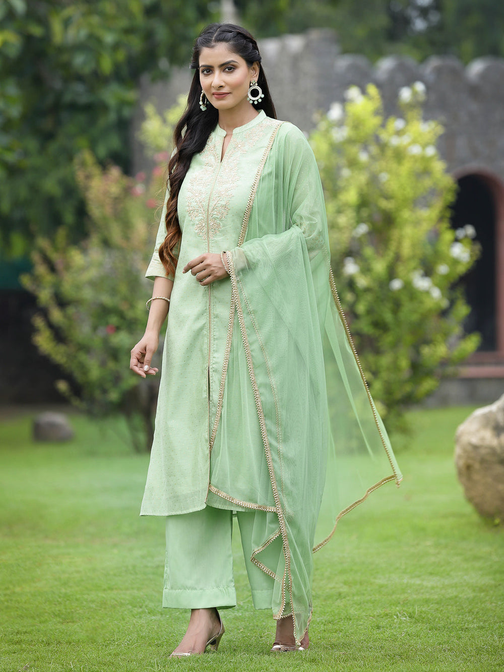 Juniper Mint Green Chanderi Festive Embroidered Polka Dot Printed A-line Kurta Set - Distacart