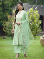 Juniper Mint Green Chanderi Festive Embroidered Polka Dot Printed A-line Kurta Set - Distacart