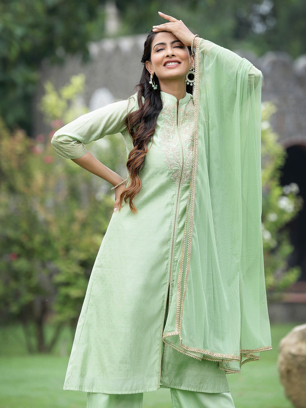 Juniper Mint Green Chanderi Festive Embroidered Polka Dot Printed A-line Kurta Set - Distacart