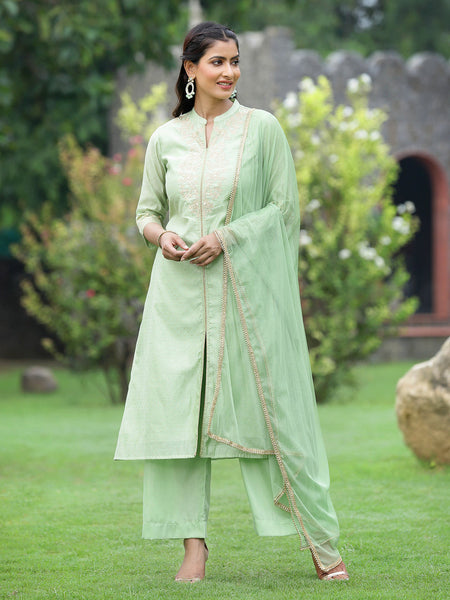 Juniper Mint Green Chanderi Festive Embroidered Polka Dot Printed A-line Kurta Set