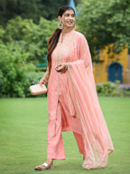 Juniper Peach Chanderi Festive Embroidered Polka Dot Printed A-line Kurta Set - Distacart